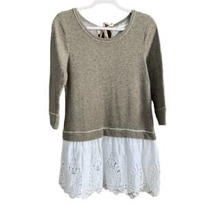 A'reve Tan Cropped Sleeve Top White Eyelet Hem Size Small